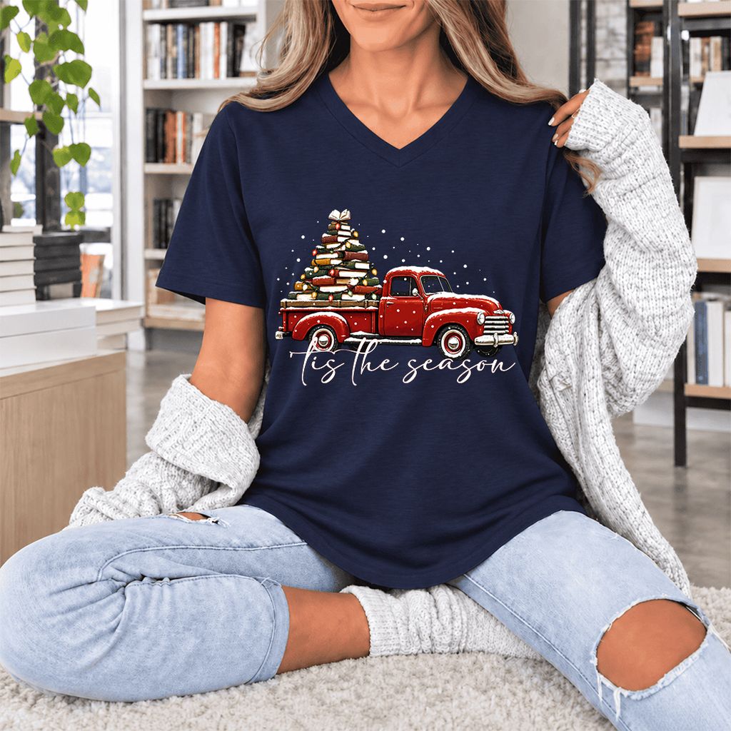 Tis The Season Ultra-Soft V-Neck | Christmas Book Lover Gift Navy