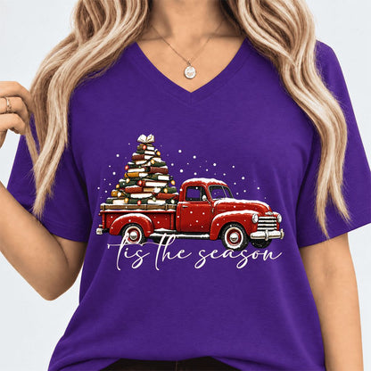 Tis The Season Ultra-Soft V-Neck | Christmas Book Lover Gift Team Purple