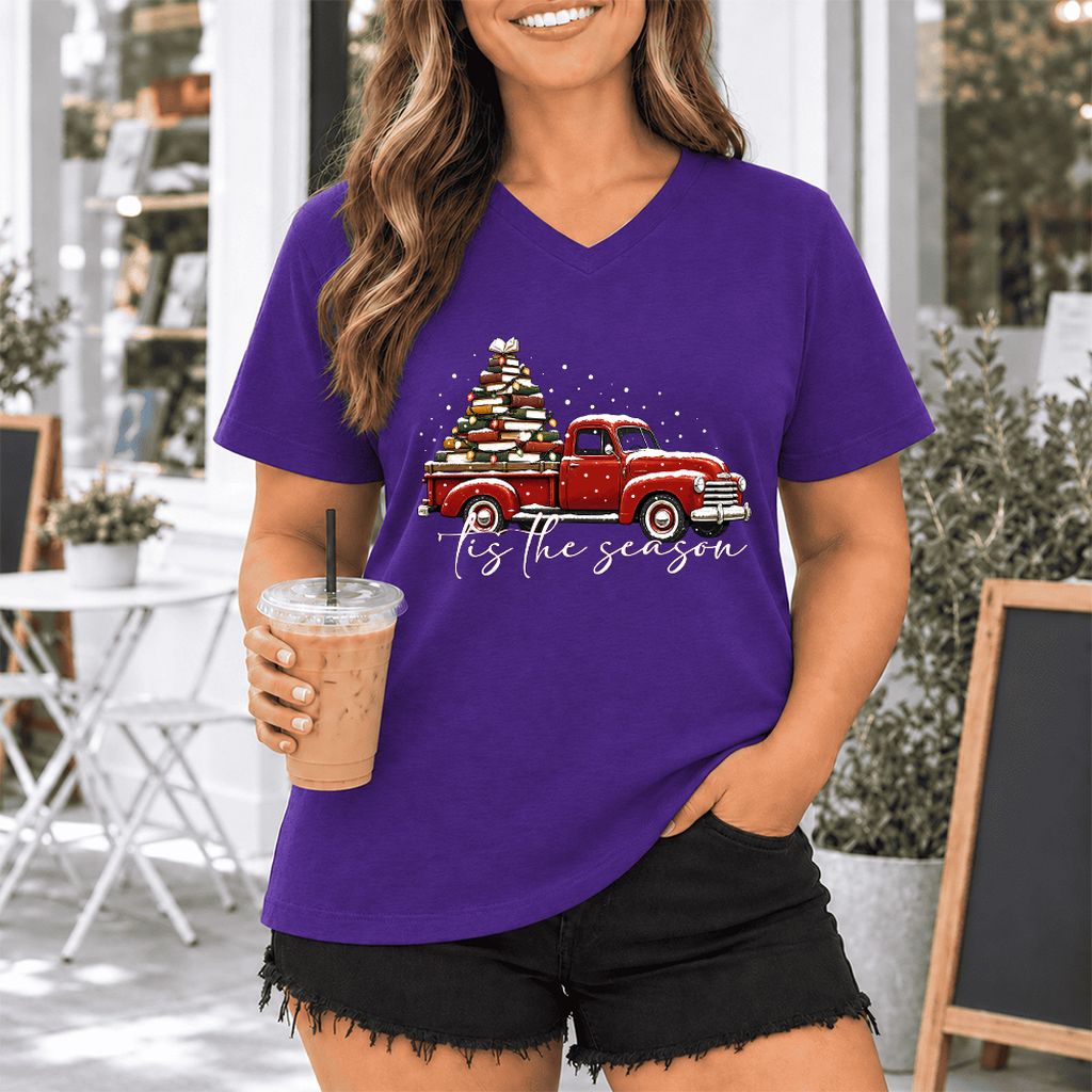 Tis The Season Ultra-Soft V-Neck | Christmas Book Lover Gift Team Purple
