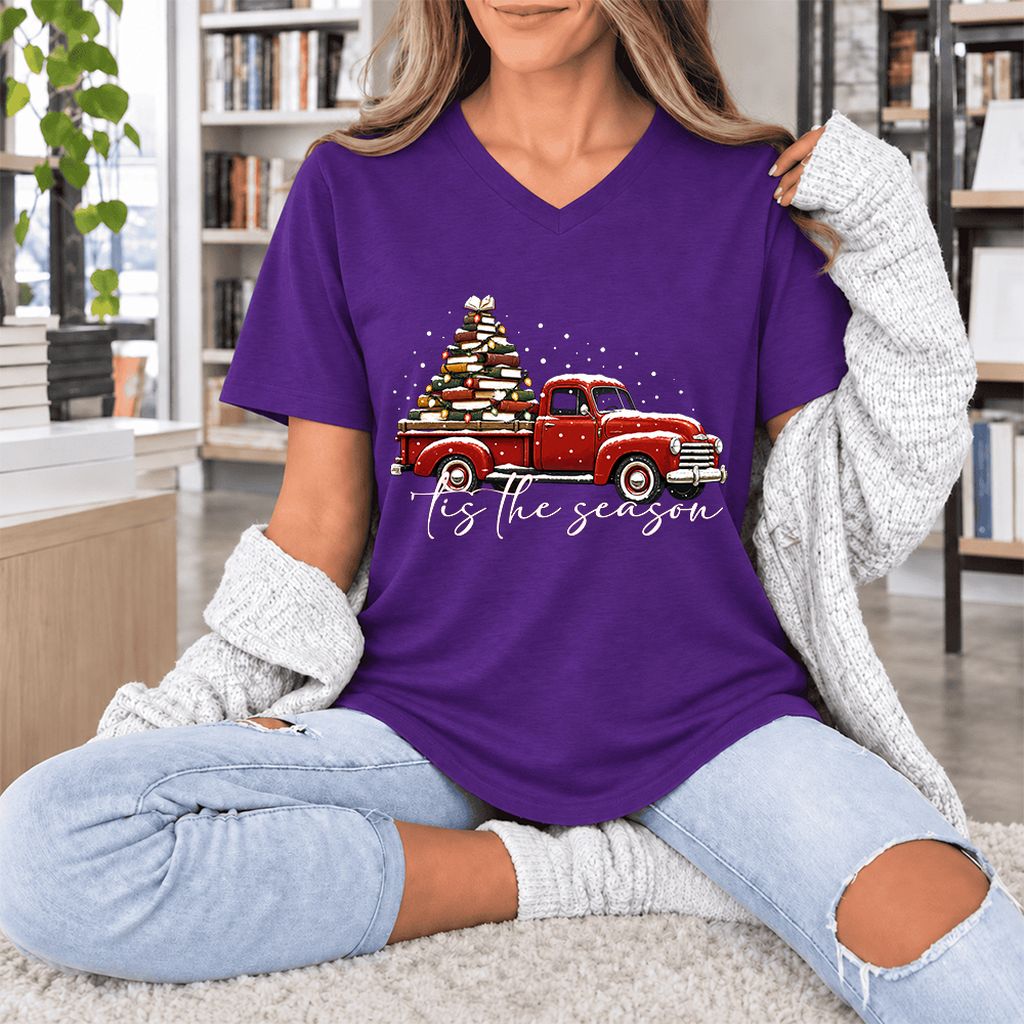 Tis The Season Ultra-Soft V-Neck | Christmas Book Lover Gift Team Purple