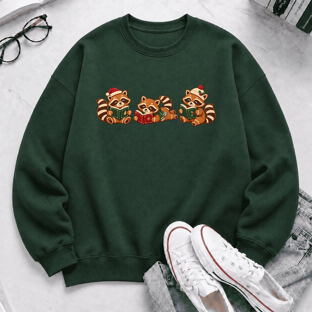 Cozy Christmas Cats Printed Sweatshirt | Holiday Reader Gift Forest Green