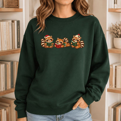 Cozy Christmas Cats Printed Sweatshirt | Holiday Reader Gift Forest Green