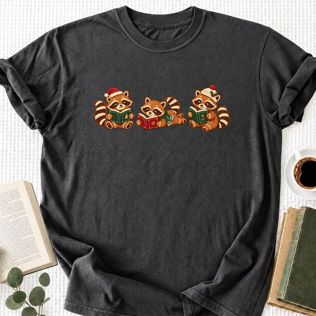 Cozy Christmas Cats Printed T-Shirt | Holiday Reader Gift Dark Heather
