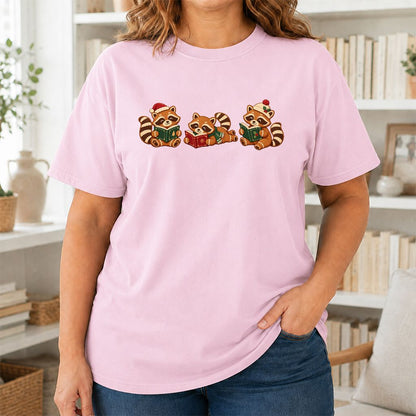 Cozy Christmas Cats Printed T-Shirt | Holiday Reader Gift Light Pink