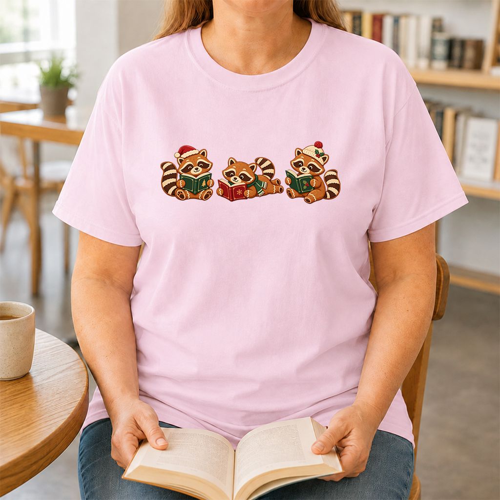 Cozy Christmas Cats Printed T-Shirt | Holiday Reader Gift Light Pink