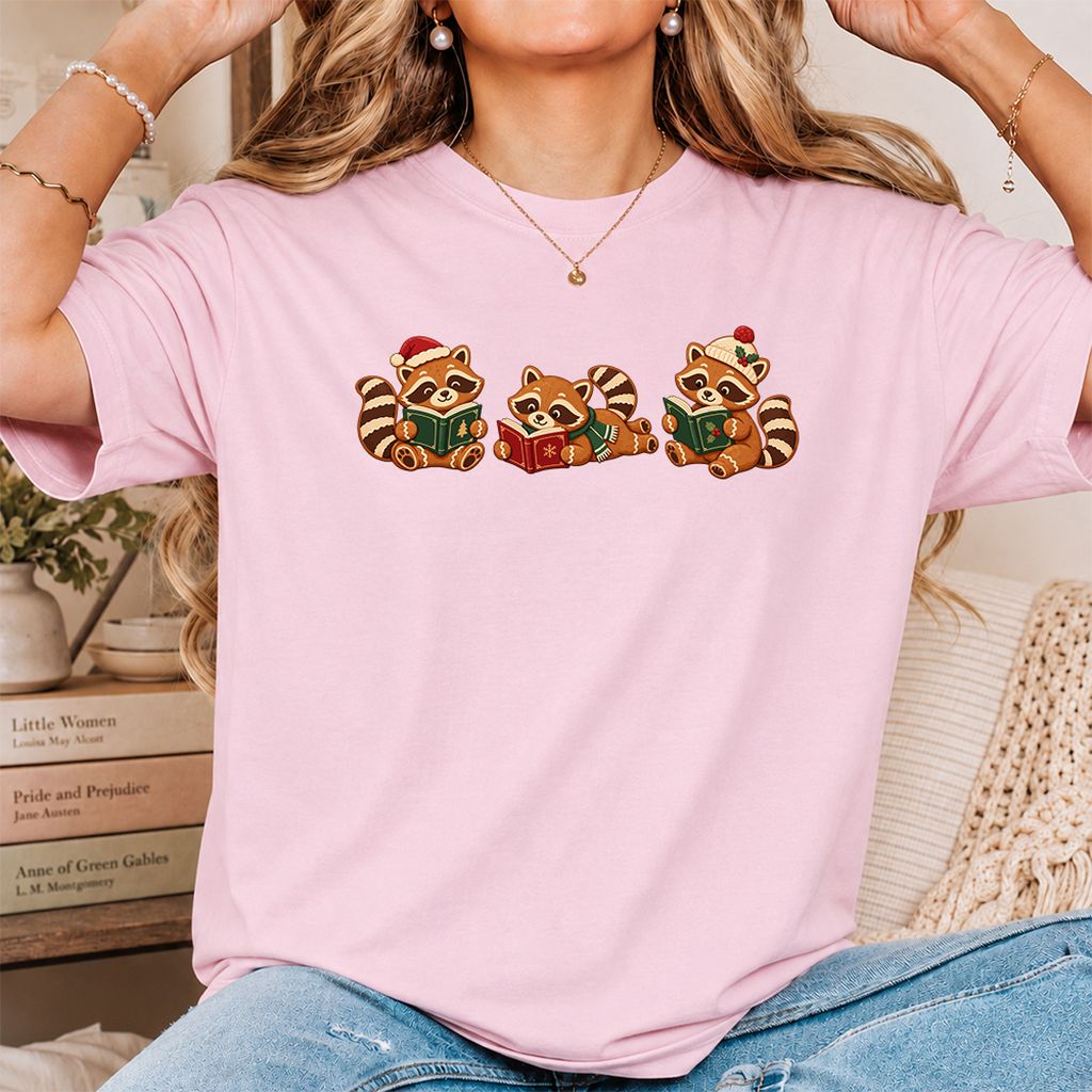 Cozy Christmas Cats Printed T-Shirt | Holiday Reader Gift Light Pink