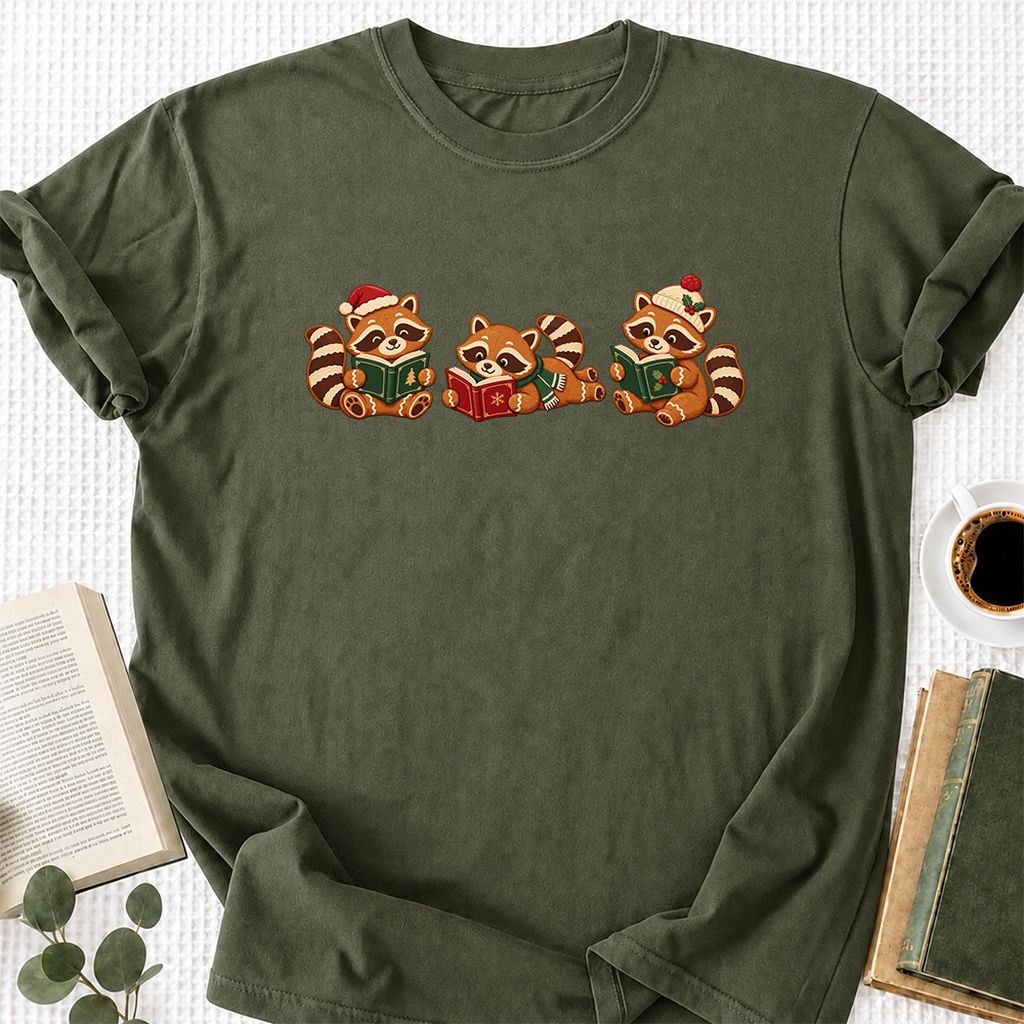 Cozy Christmas Cats Printed T-Shirt | Holiday Reader Gift Military Green