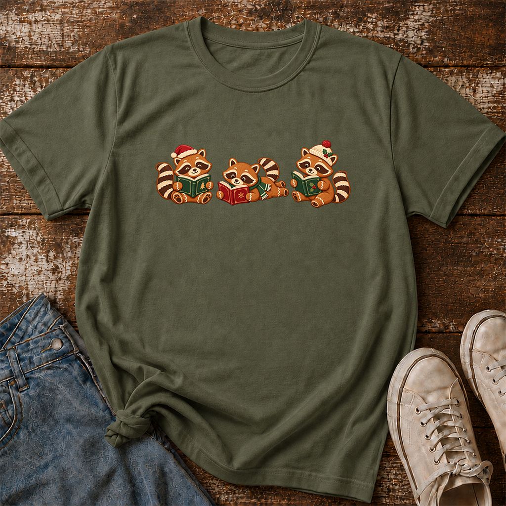 Cozy Christmas Cats Printed T-Shirt | Holiday Reader Gift Military Green