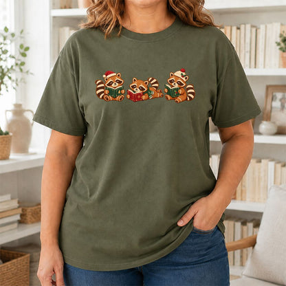 Cozy Christmas Cats Printed T-Shirt | Holiday Reader Gift Military Green
