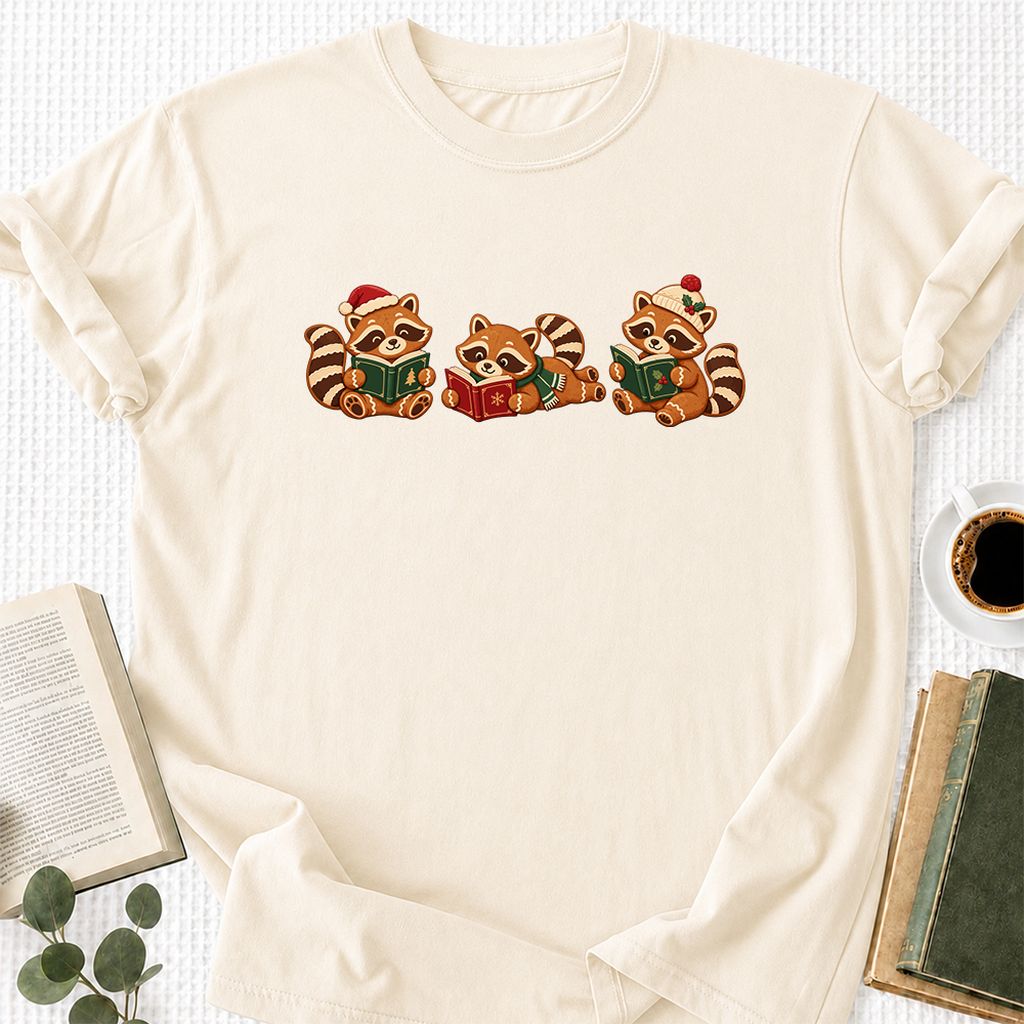 Cozy Christmas Cats Printed T-Shirt | Holiday Reader Gift Natural