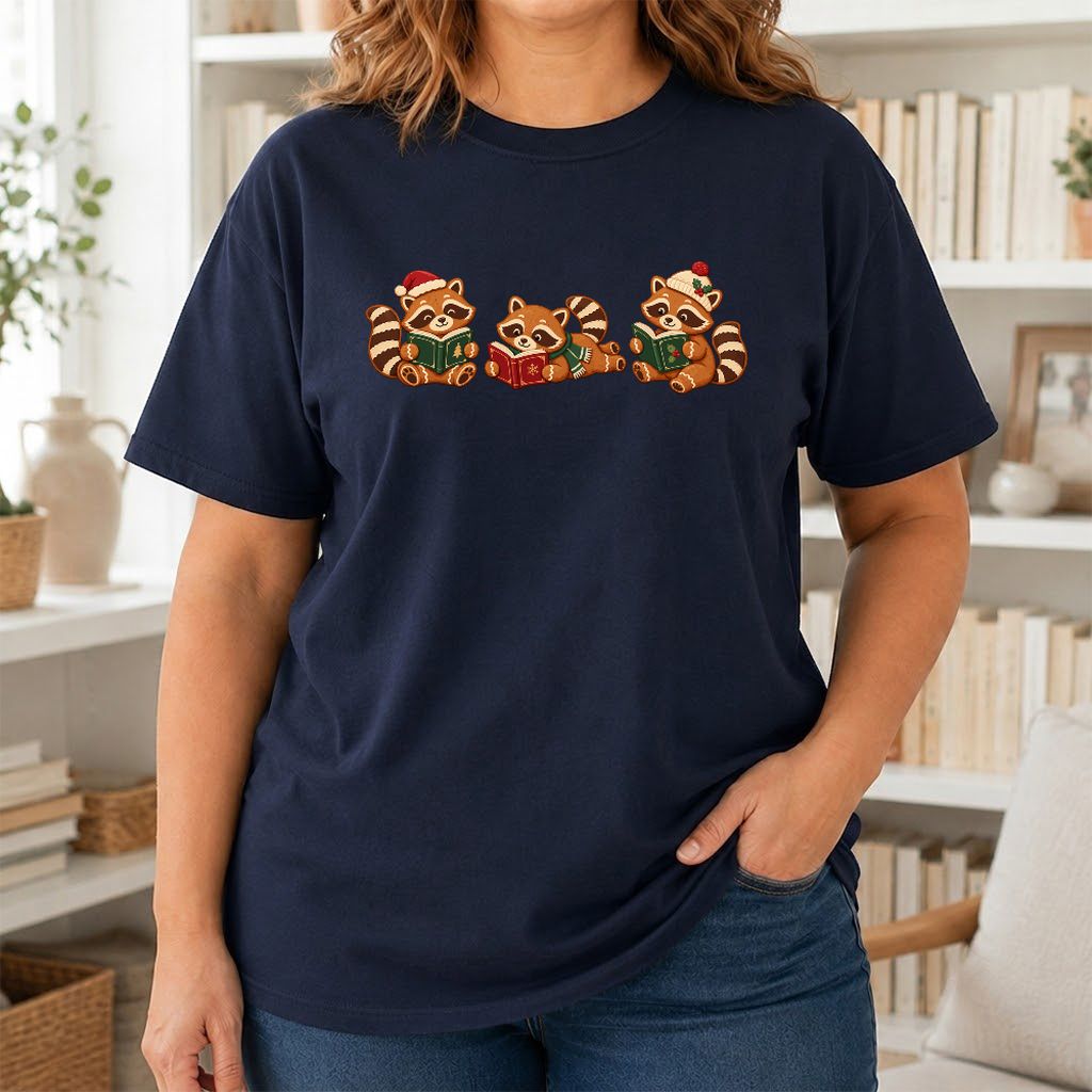 Cozy Christmas Cats Printed T-Shirt | Holiday Reader Gift Navy