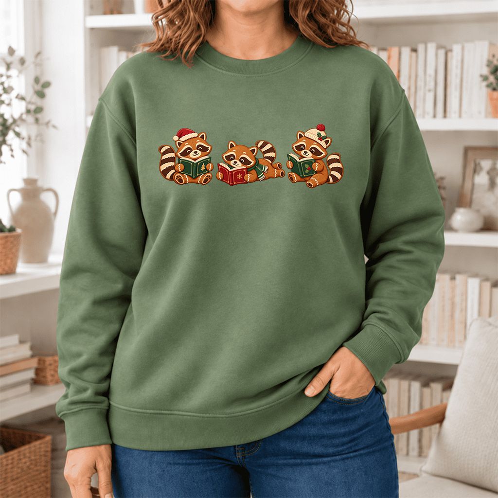 Cozy Christmas Cats Softstyle Sweatshirt | Holiday Reader Gift Military Green