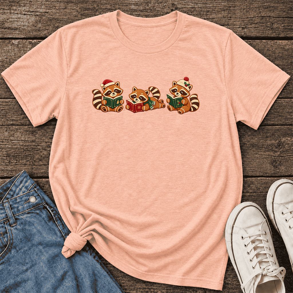 Cozy Christmas Cats Ultra-Soft Cotton T-Shirt | Holiday Reader Gift Heather Peach