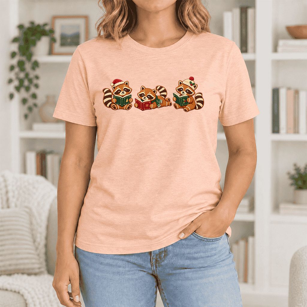 Cozy Christmas Cats Ultra-Soft Cotton T-Shirt | Holiday Reader Gift Heather Peach