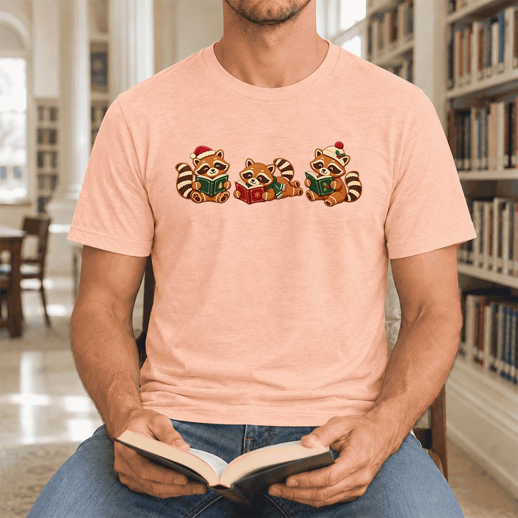 Cozy Christmas Cats Ultra-Soft Cotton T-Shirt | Holiday Reader Gift Heather Peach