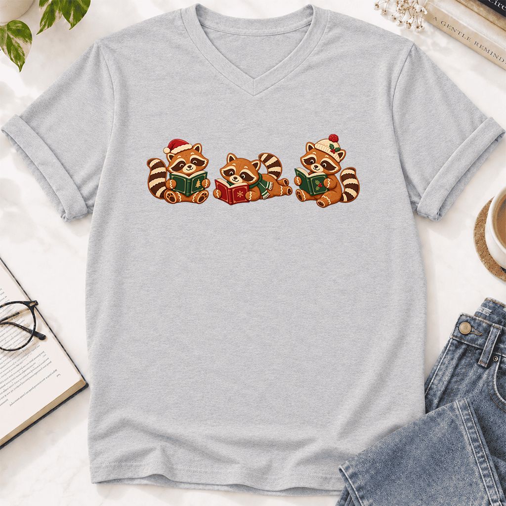 Cozy Christmas Cats Ultra-Soft V-Neck | Holiday Reader Gift Ash
