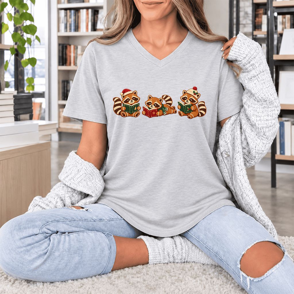 Cozy Christmas Cats Ultra-Soft V-Neck | Holiday Reader Gift Ash