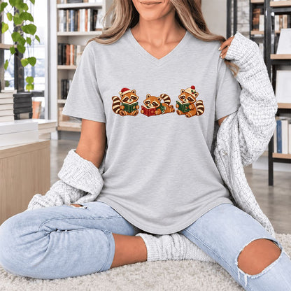 Cozy Christmas Cats Ultra-Soft V-Neck | Holiday Reader Gift Ash