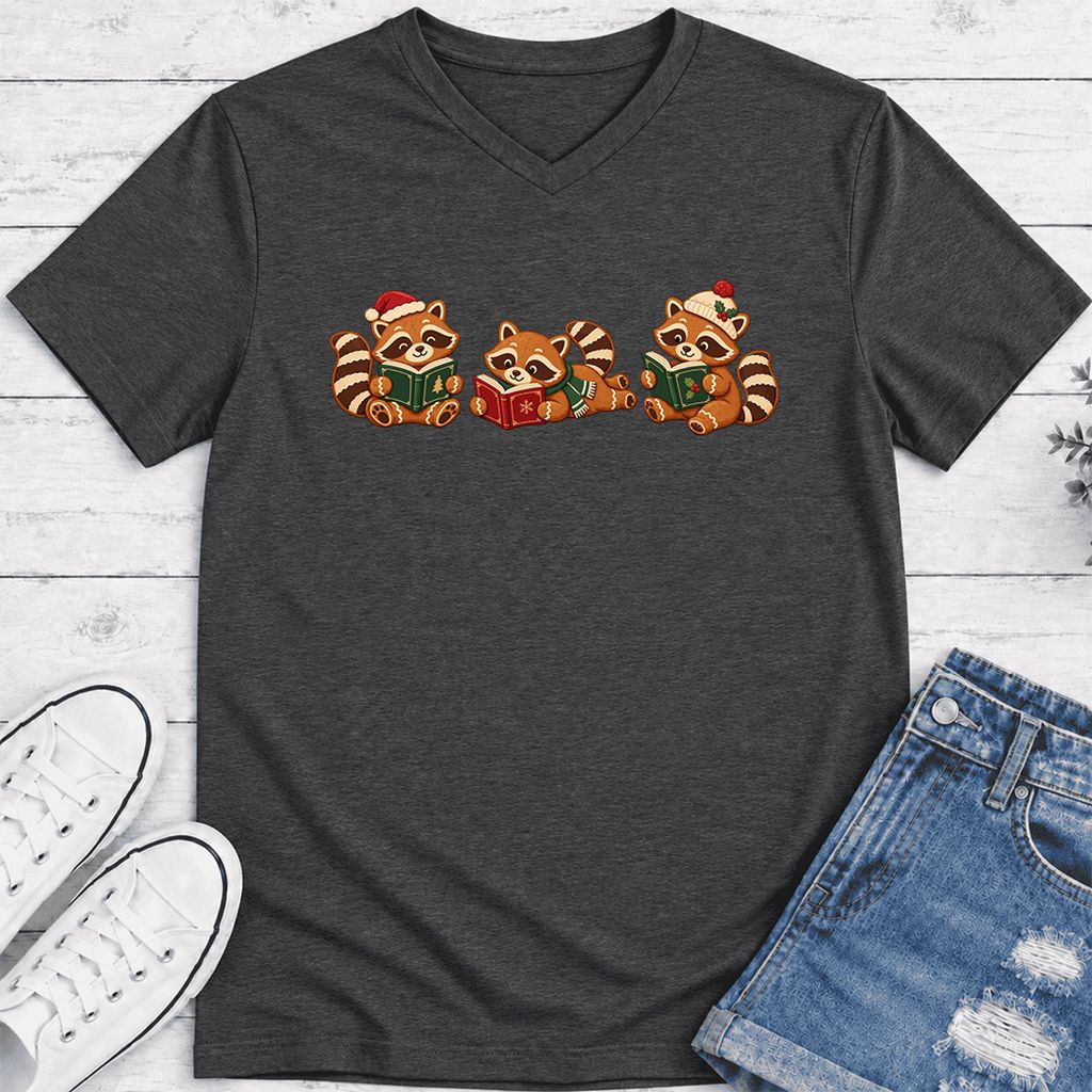 Cozy Christmas Cats Ultra-Soft V-Neck | Holiday Reader Gift Dark Grey Heather