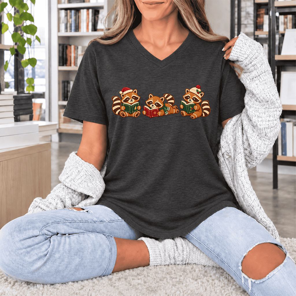 Cozy Christmas Cats Ultra-Soft V-Neck | Holiday Reader Gift Dark Grey Heather