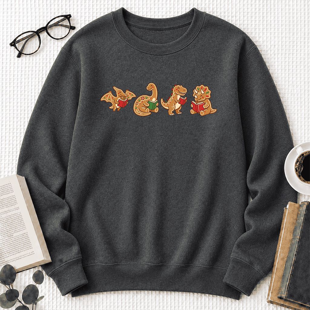 Four Gingerbread Dinosaur Reading Printed Sweatshirt | Christmas Reading Gift Dark Heather