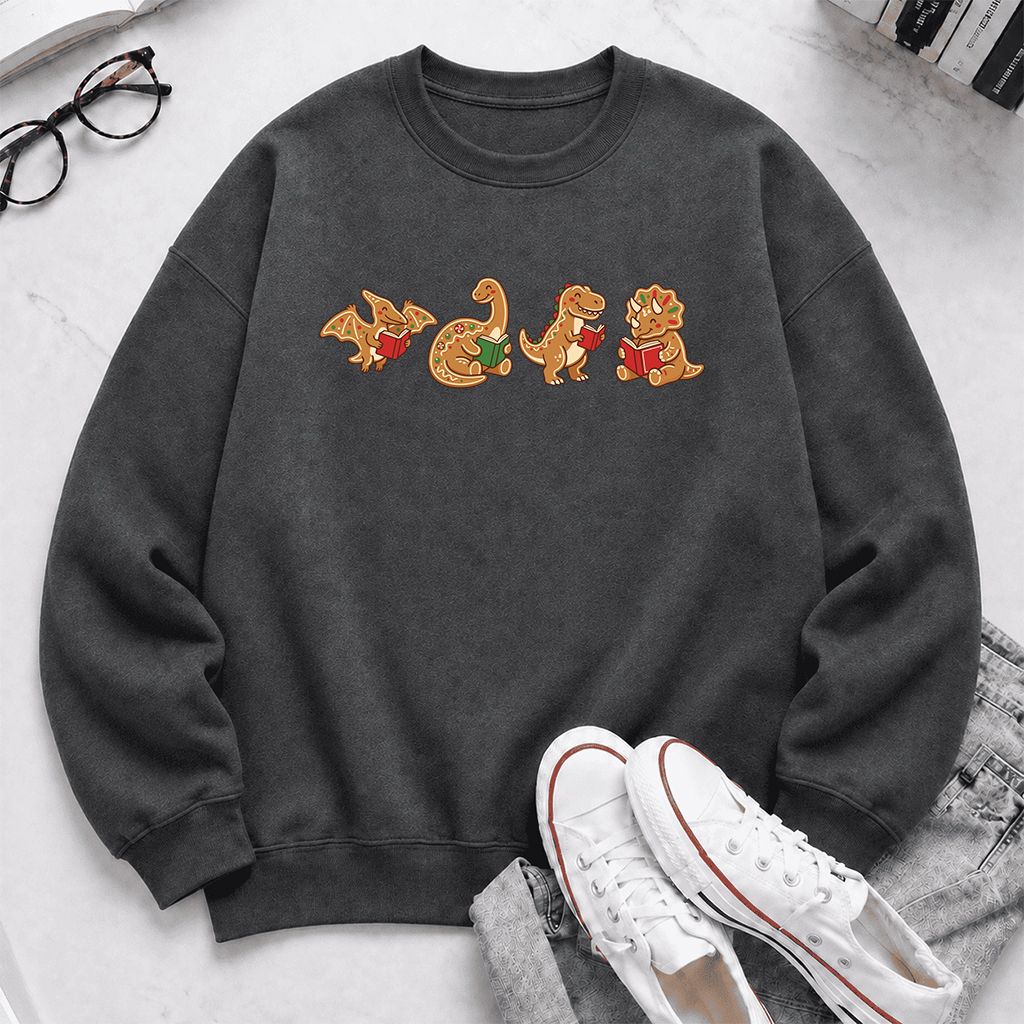 Four Gingerbread Dinosaur Reading Printed Sweatshirt | Christmas Reading Gift Dark Heather