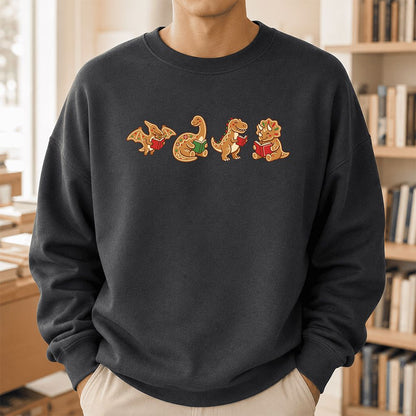 Four Gingerbread Dinosaur Reading Printed Sweatshirt | Christmas Reading Gift Dark Heather