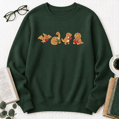 Four Gingerbread Dinosaur Reading Printed Sweatshirt | Christmas Reading Gift Forest Green