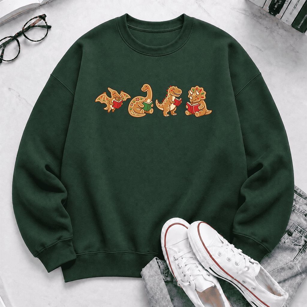 Four Gingerbread Dinosaur Reading Printed Sweatshirt | Christmas Reading Gift Forest Green