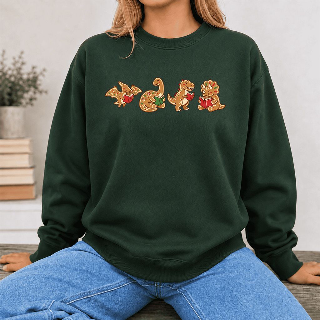 Four Gingerbread Dinosaur Reading Printed Sweatshirt | Christmas Reading Gift Forest Green