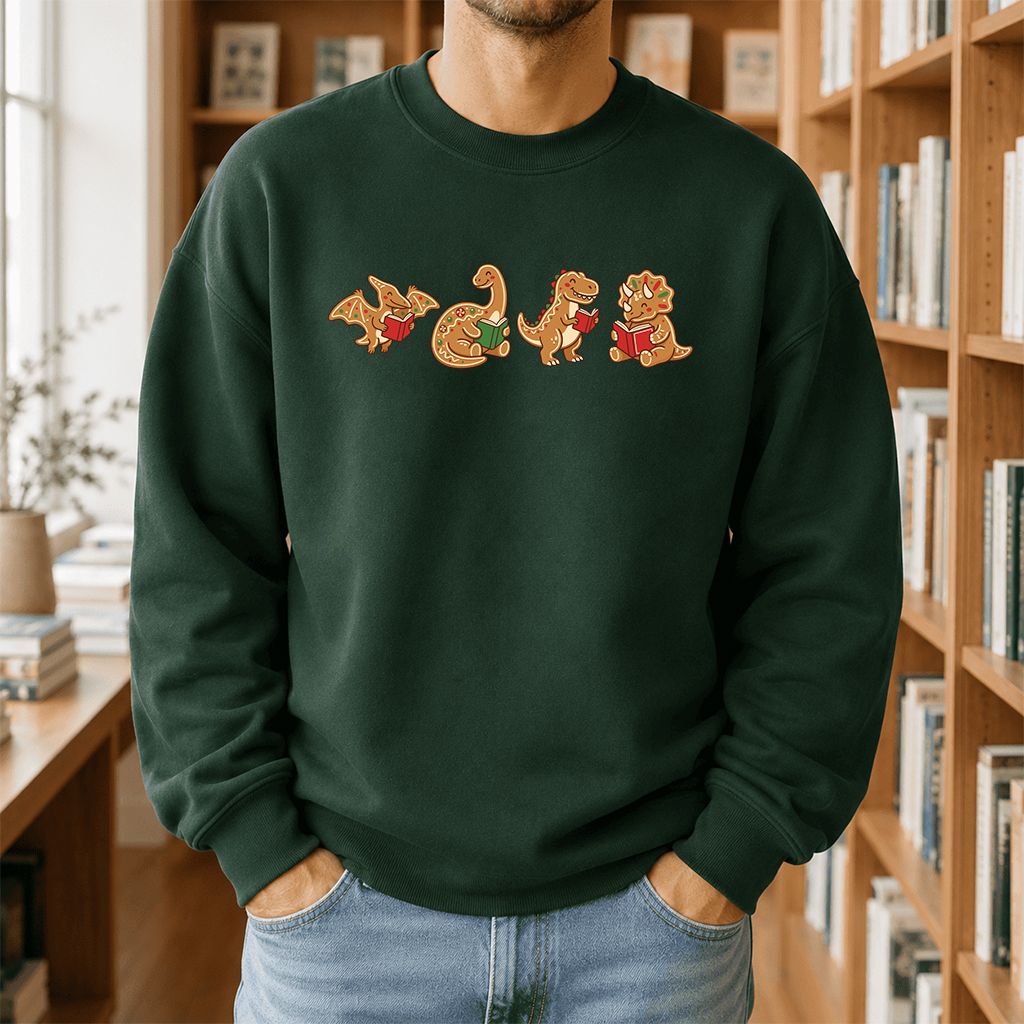 Four Gingerbread Dinosaur Reading Printed Sweatshirt | Christmas Reading Gift Forest Green