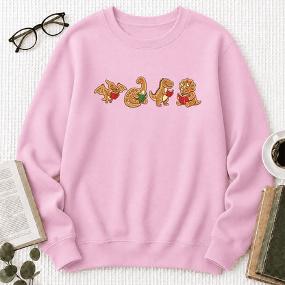 Four Gingerbread Dinosaur Reading Printed Sweatshirt | Christmas Reading Gift Light Pink