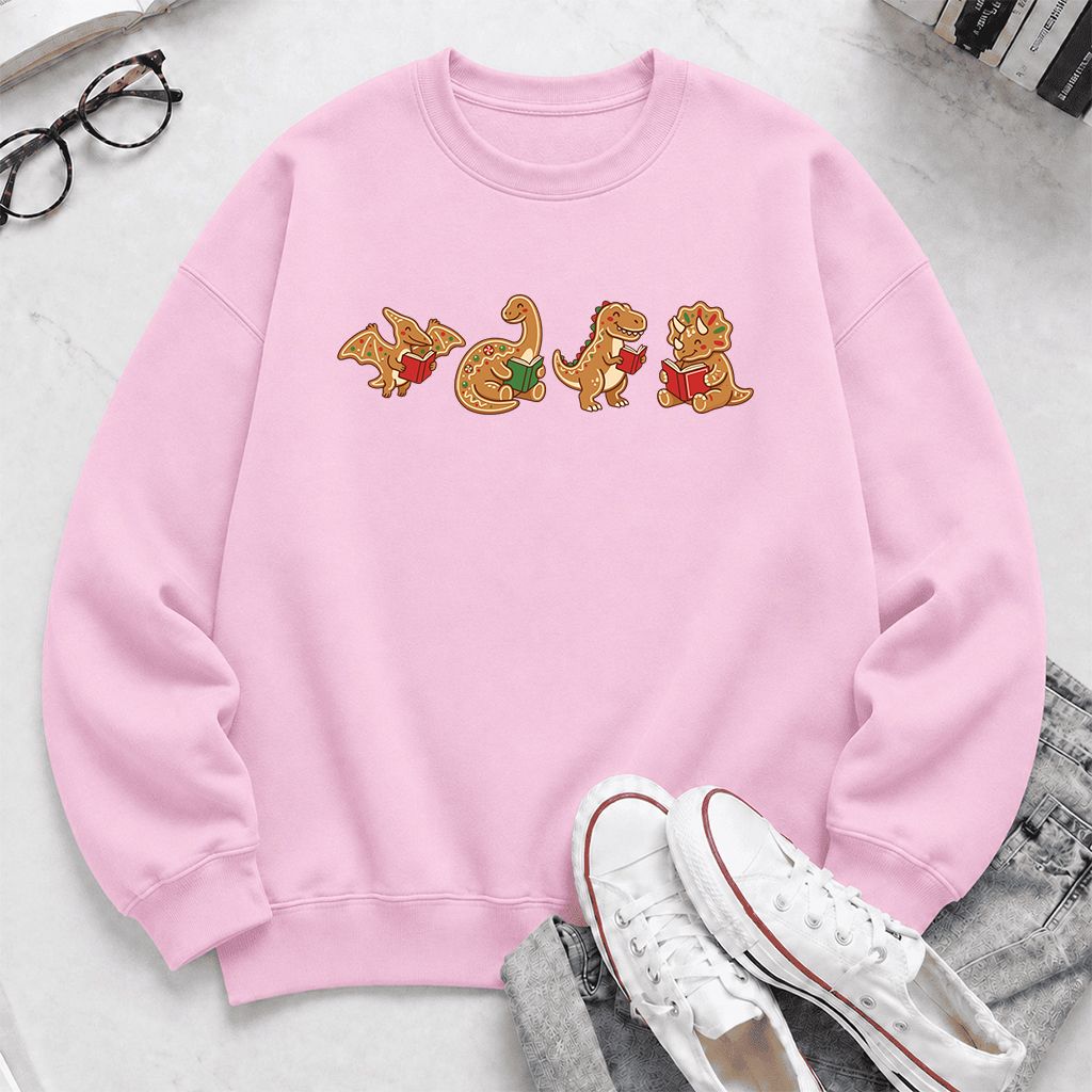 Four Gingerbread Dinosaur Reading Printed Sweatshirt | Christmas Reading Gift Light Pink