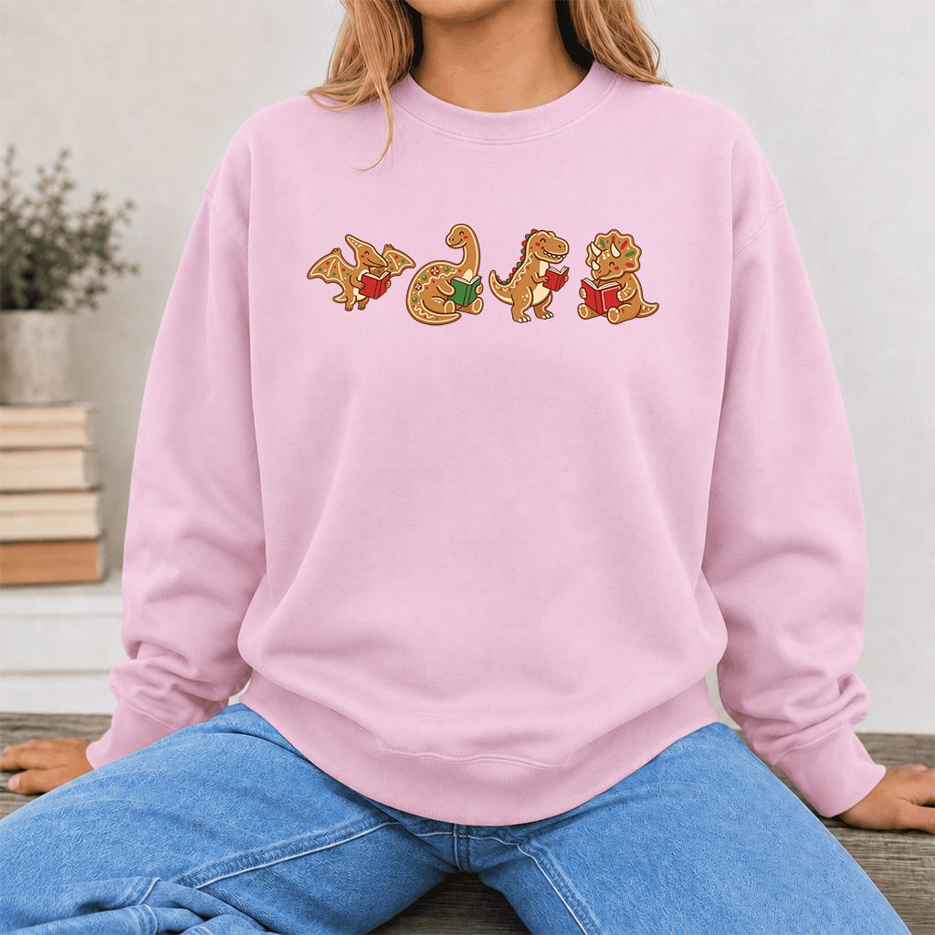 Four Gingerbread Dinosaur Reading Printed Sweatshirt | Christmas Reading Gift Light Pink