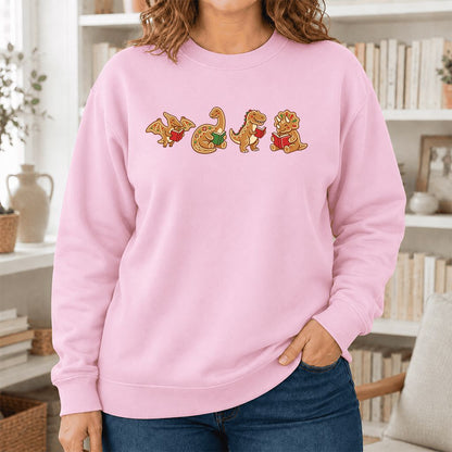 Four Gingerbread Dinosaur Reading Printed Sweatshirt | Christmas Reading Gift Light Pink