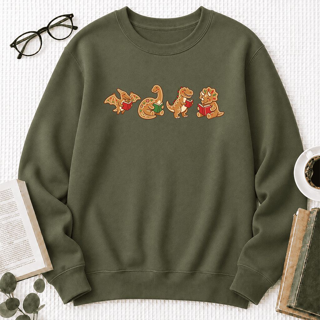 Four Gingerbread Dinosaur Reading Printed Sweatshirt | Christmas Reading Gift Military Green