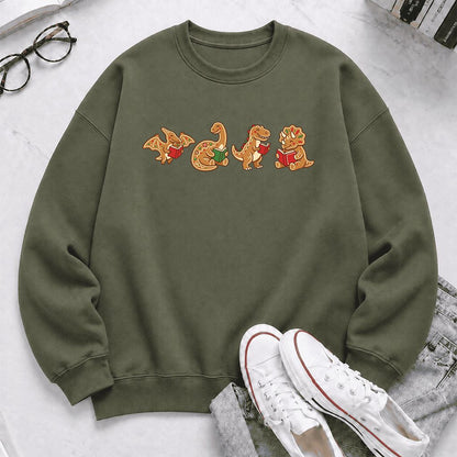Four Gingerbread Dinosaur Reading Printed Sweatshirt | Christmas Reading Gift Military Green