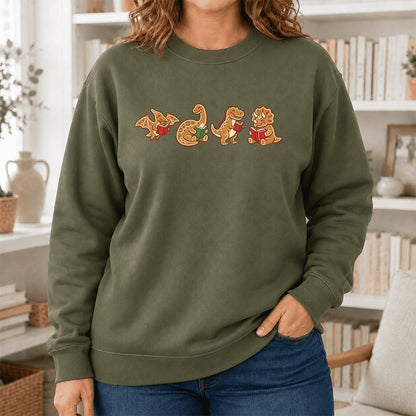 Four Gingerbread Dinosaur Reading Printed Sweatshirt | Christmas Reading Gift Military Green