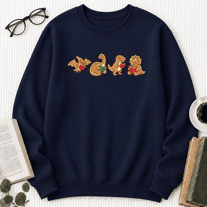 Four Gingerbread Dinosaur Reading Printed Sweatshirt | Christmas Reading Gift Navy