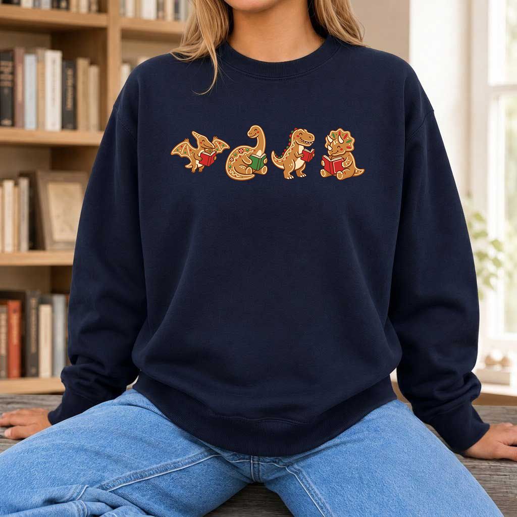 Four Gingerbread Dinosaur Reading Printed Sweatshirt | Christmas Reading Gift Navy