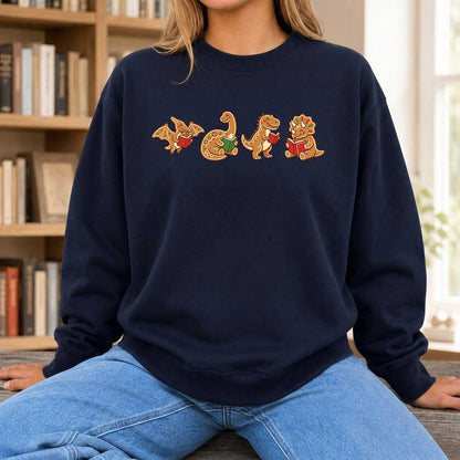 Four Gingerbread Dinosaur Reading Printed Sweatshirt | Christmas Reading Gift Navy