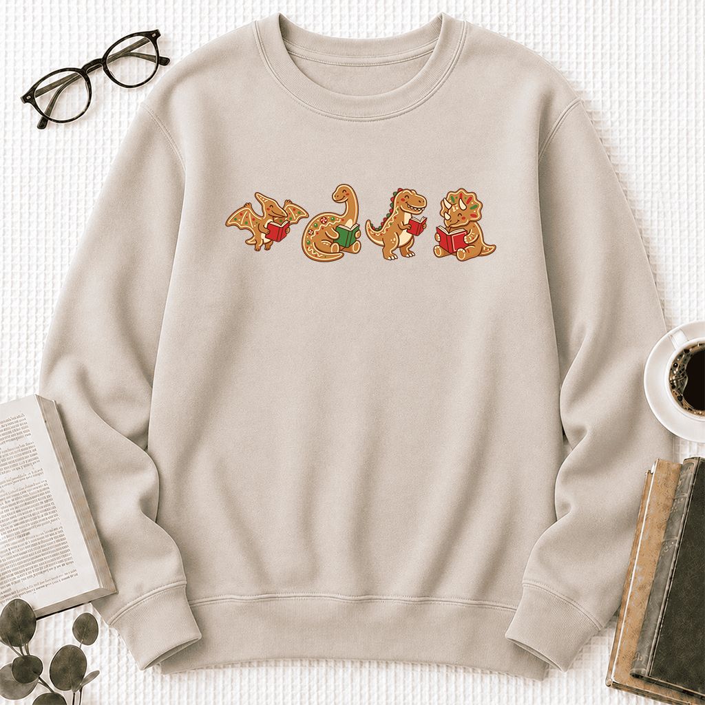 Four Gingerbread Dinosaur Reading Printed Sweatshirt | Christmas Reading Gift Sand
