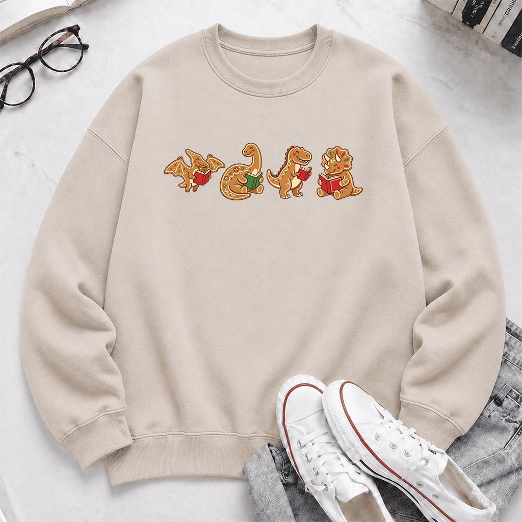 Four Gingerbread Dinosaur Reading Printed Sweatshirt | Christmas Reading Gift Sand