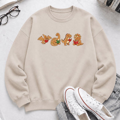 Four Gingerbread Dinosaur Reading Printed Sweatshirt | Christmas Reading Gift Sand