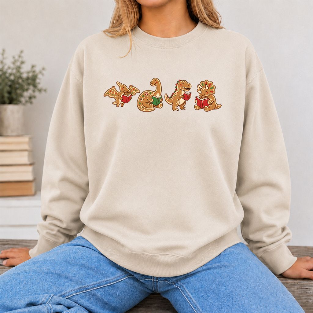 Four Gingerbread Dinosaur Reading Printed Sweatshirt | Christmas Reading Gift Sand