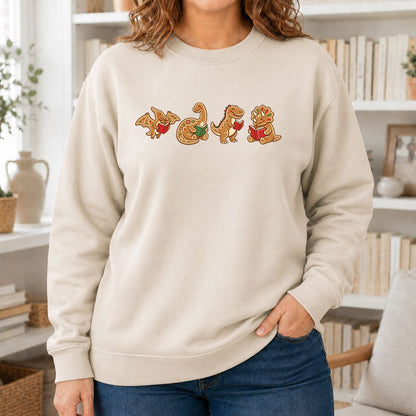 Four Gingerbread Dinosaur Reading Printed Sweatshirt | Christmas Reading Gift Sand