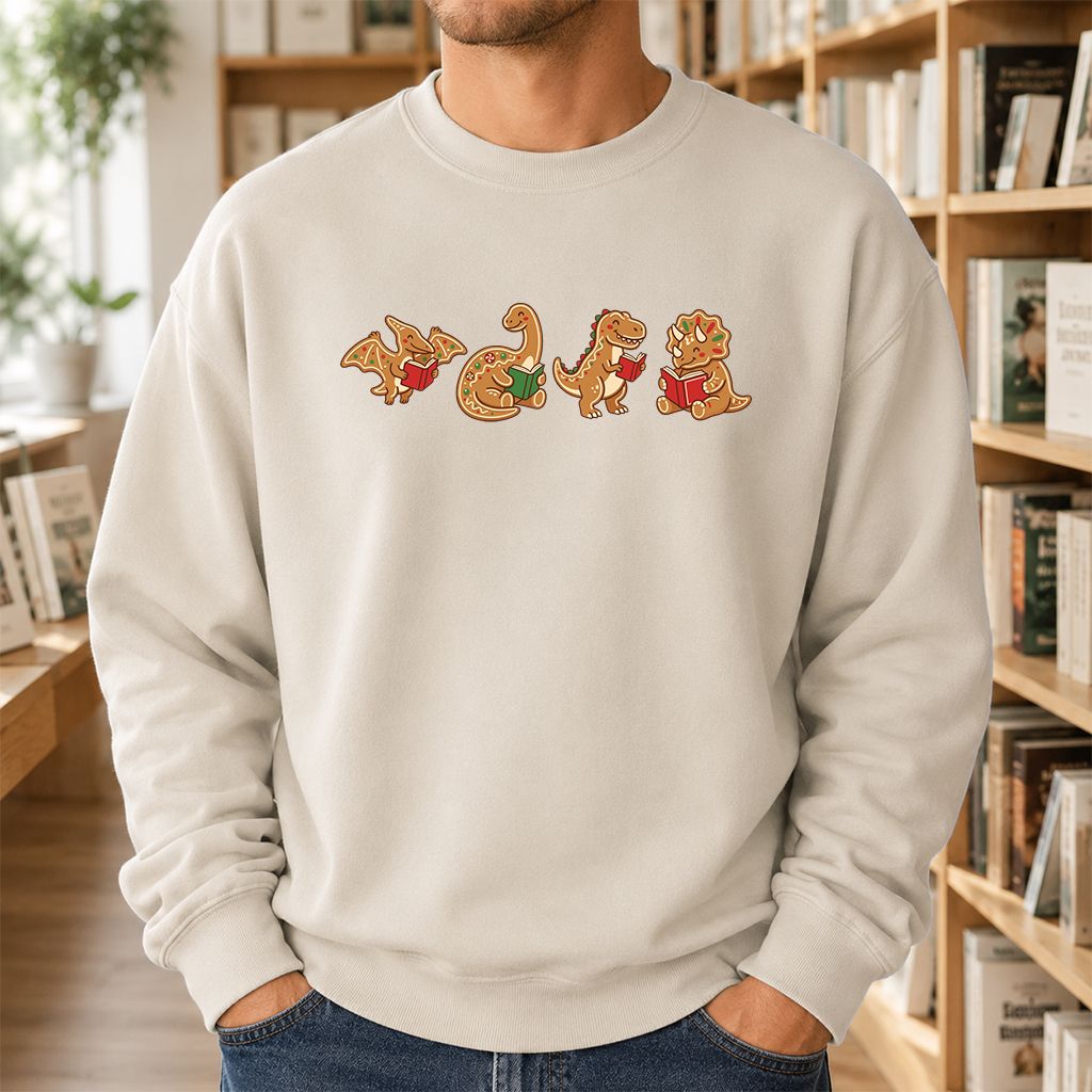 Four Gingerbread Dinosaur Reading Printed Sweatshirt | Christmas Reading Gift Sand