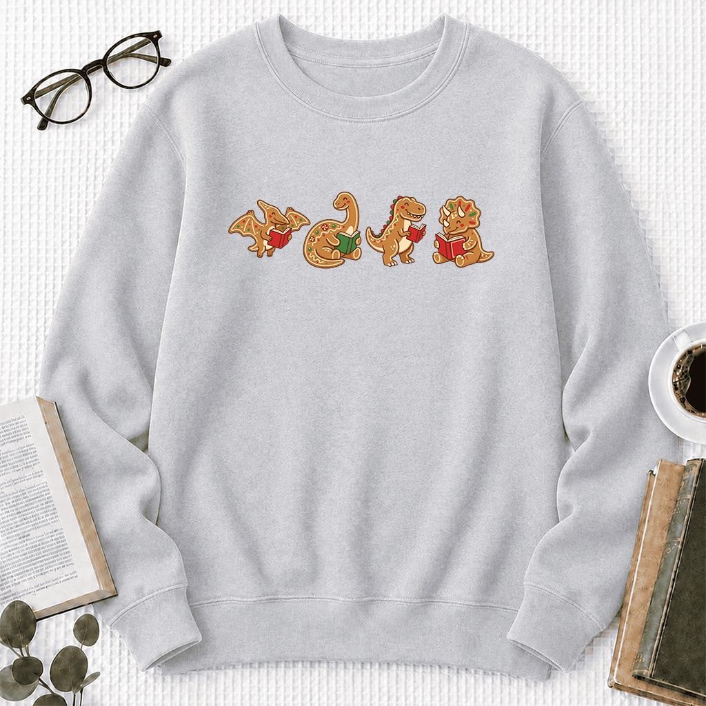 Four Gingerbread Dinosaur Reading Printed Sweatshirt | Christmas Reading Gift Sport Grey