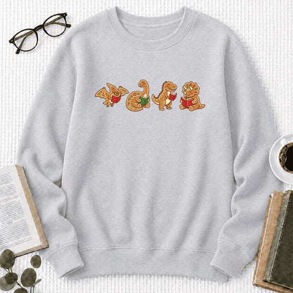 Four Gingerbread Dinosaur Reading Printed Sweatshirt | Christmas Reading Gift Sport Grey