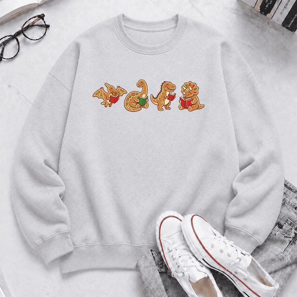 Four Gingerbread Dinosaur Reading Printed Sweatshirt | Christmas Reading Gift Sport Grey
